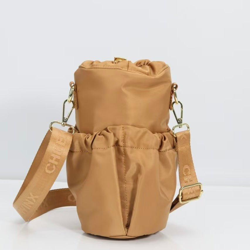 Mocha water bottle bag with anti-theft zips and hidden passport pocket by Cheeky Winx