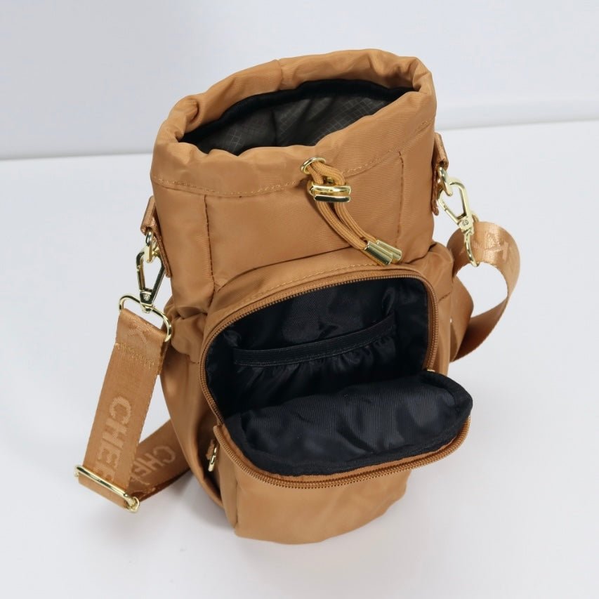 Mocha water bottle bag with anti-theft zips and hidden passport pocket by Cheeky Winx