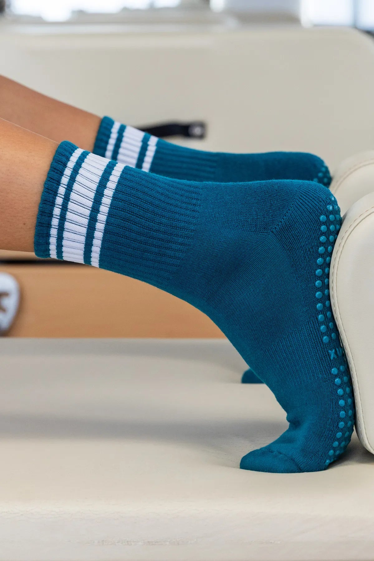 Teal crew grip socks with non-slip sole for reformer, Pilates, yoga, and barre by Cheeky Winx. Australia's best grip socks.