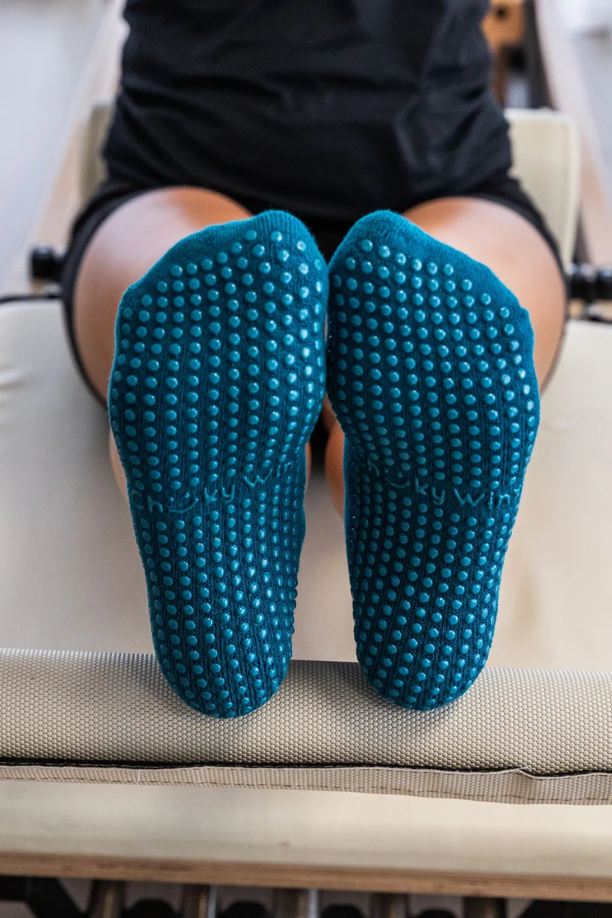 Teal crew grip socks with non-slip sole for reformer, Pilates, yoga, and barre by Cheeky Winx. Australia's best grip socks.