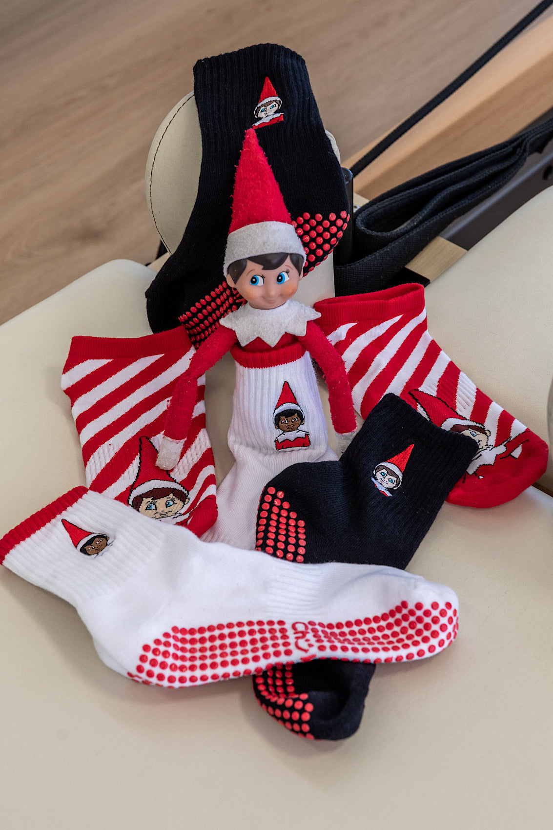 Elf on the Shelf range of Christmas Pilates grip socks for Reformer, Barre and Yoga